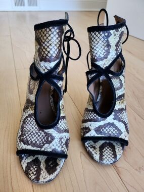 Aquazzura Brown & Cream Snake-Print Peep Toe Lace-Up Cutout Heels EU37.5